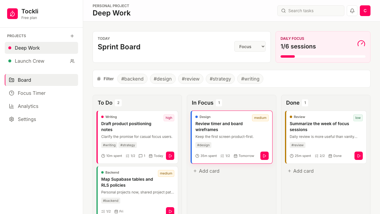 Tockli task board with task columns, focus cards, and daily progress.